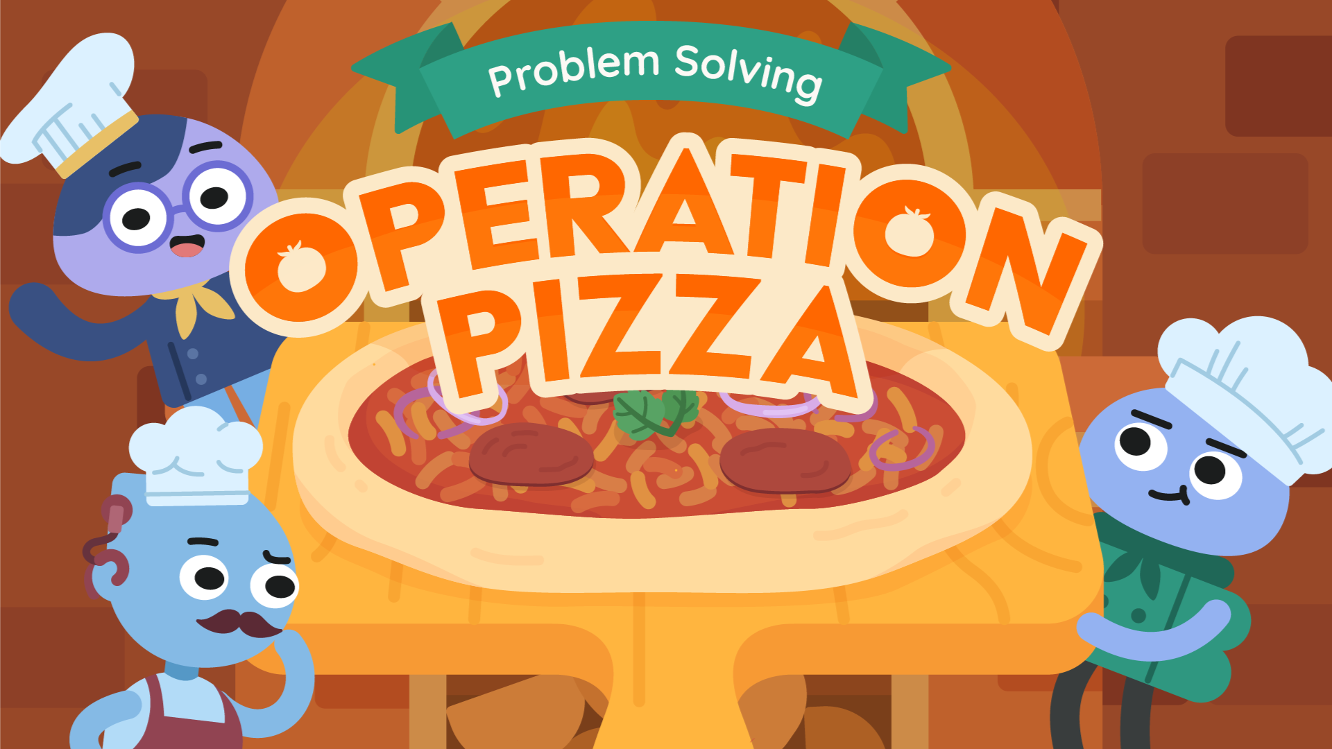 Operation Pizza: a game to foster problem solving and collaboration skills. Two pizzaiolo characters look determined next to a large pizza.
