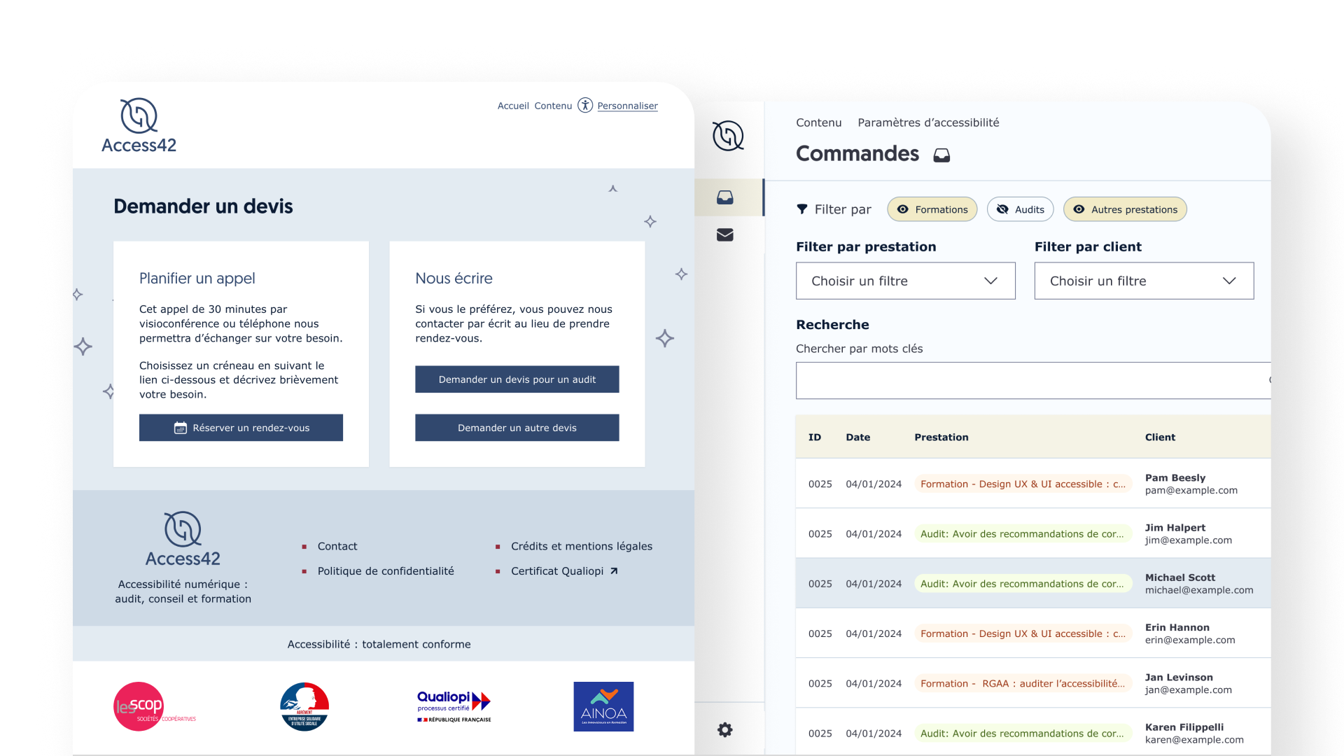 A public-facing form allows users to request a quote for services by scheduling a call or writing a message. An admin dashboard shows a list of quote requests with filtering options.