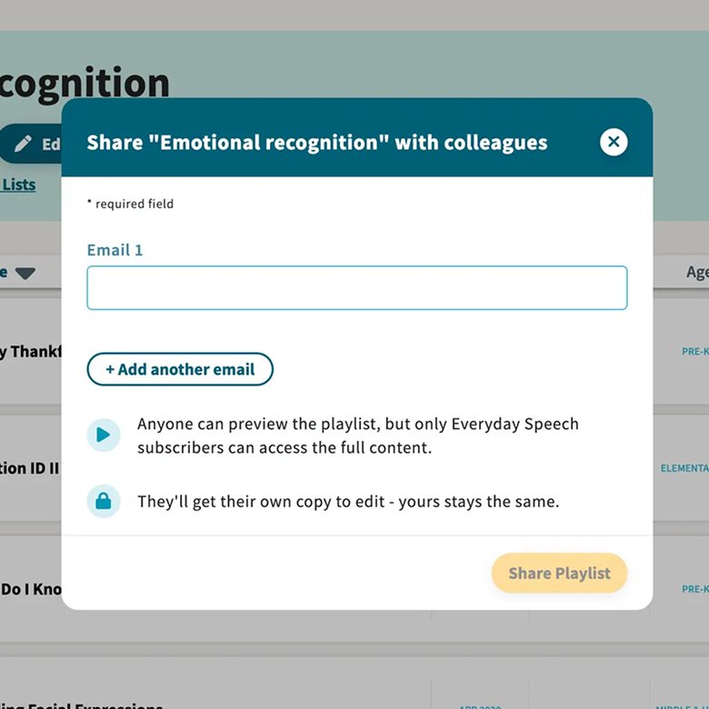 Share playlist modal — educators share a playlist directly with a colleague