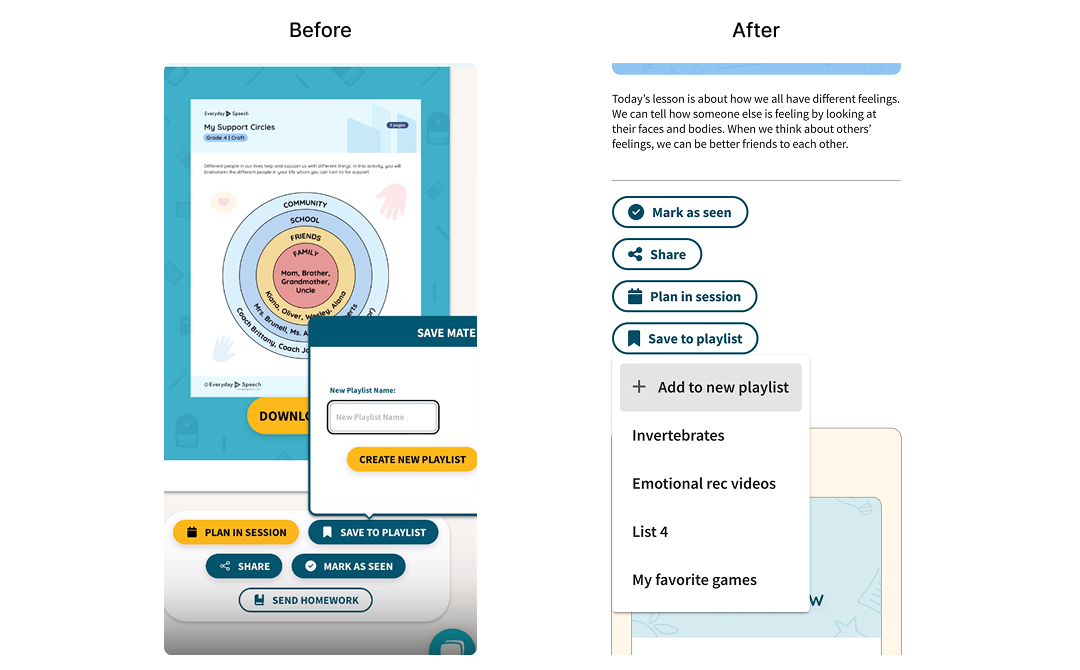 Before: modals core content would get cut off because of poor responsiveness. After: smart solutions like dropdowns reduced the need for complex modals and improved UX.